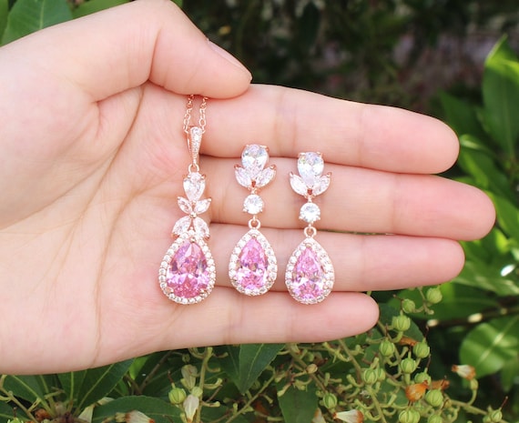 Pink Crystal Teardrop Pageant Necklace Set | Prom Necklace Set | L&M Bling  - lmbling