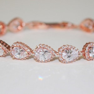 Custom bridesmaid bracelet, Tear drop halo CZ bracelet, Cubic Zirconia rose gold bracelet, Bridesmaid jewelry, Bridesmaid wedding gift