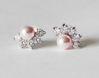 Pink bridesmaid gift SET, Bridesmaid earrings, Pearl necklace, bracelet and stud earrings SET- Pink earrings-Cubic Zirconia-Wedding jewelry
