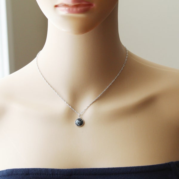 10mm Snowflake Obsidian gemstone necklace, Black and white gemstone necklace, Natural Obsidian necklace, White and black snowflake necklace