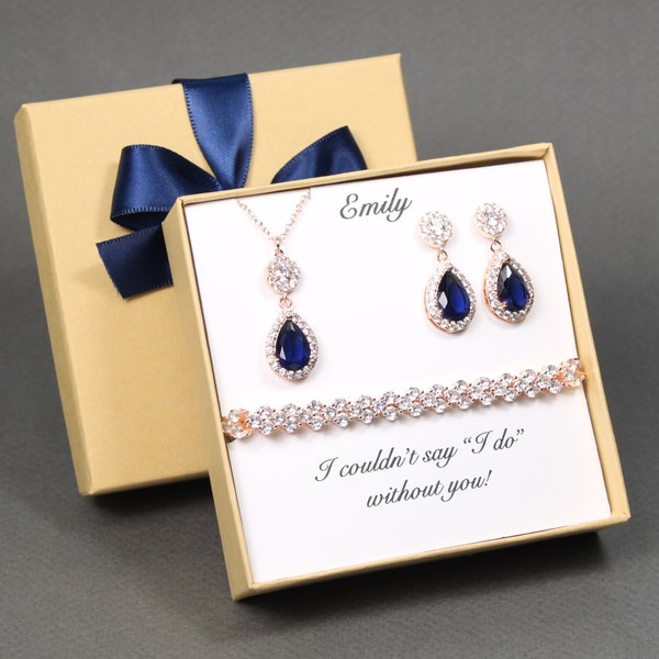 Custom navy blue bridesmaid jewelry, Blue bridesmaid earrings Navy Bridesmaid necklace Bridesmaid necklace earrings set Wedding jewelry gift