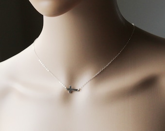 Sterling silver sideways cross necklace, Cross necklace, Side cross necklace, Baptism necklace, Christmas gift, Gift for her