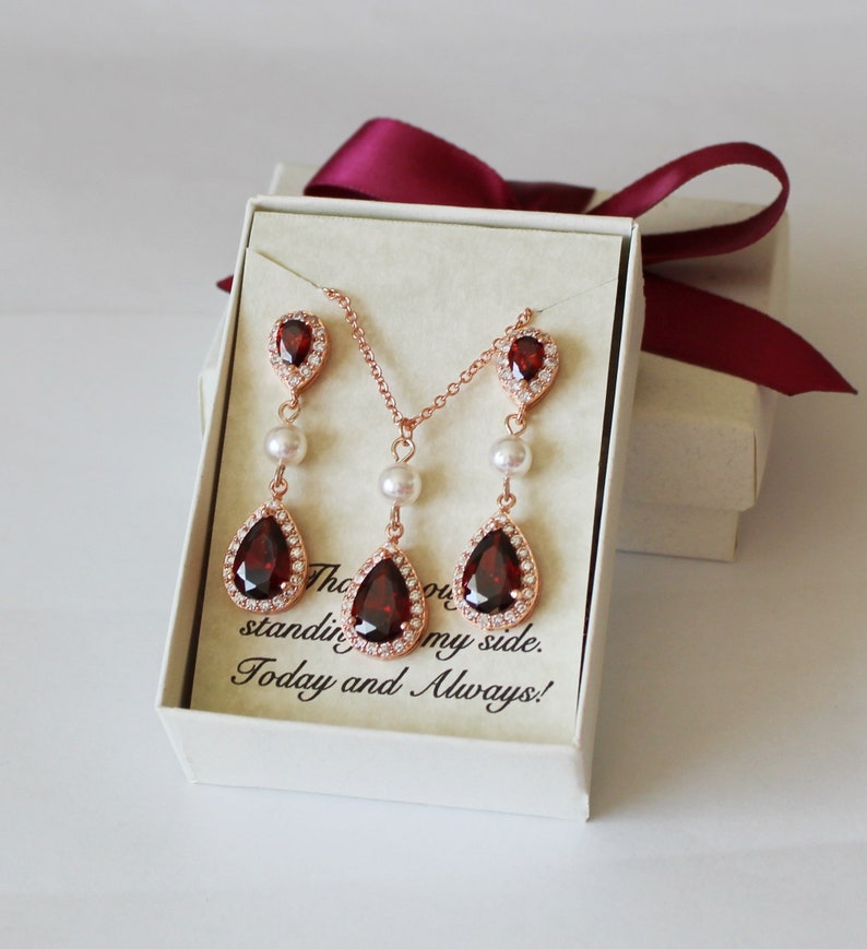 Garnet bridesmaid earrings Wedding bridesmaid jewelry Bridal earring necklace set Bridesmaid gift Burgundy red bridal necklace earrings