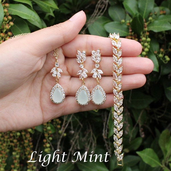 Light Mint bridal jewelry earrings necklace SET Pale Opal Mint bridesmaids gifts Mint wedding jewelry bridal necklace earrings bracelet SET
