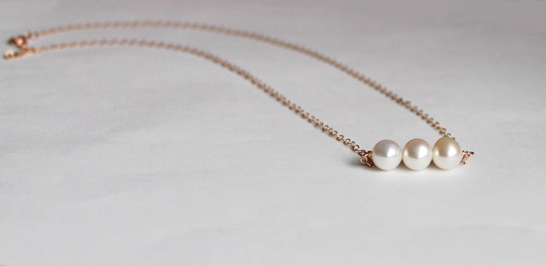 Fresh water pearl necklace, pearl bar, triple pearl necklace 14K gold filled, Sterling silver Bridesmaids necklace, Rose Gold pearl necklace image 4