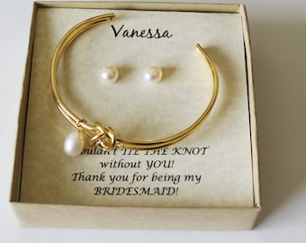 Personalized tie the knot bracelet, Fresh water pearl earrings, Double knot bracelet, Bridesmaid gift, Tie the knot earrings, Knot bracelet