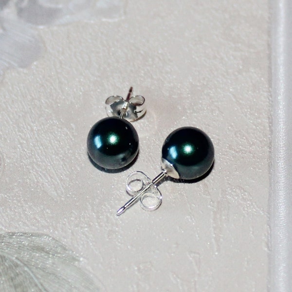 8mm Tahitian blue green pearl stud earrings Sterling Silver Teal Swarovski pearl studs bridesmaid earrings Tahitian peacock pearl studs