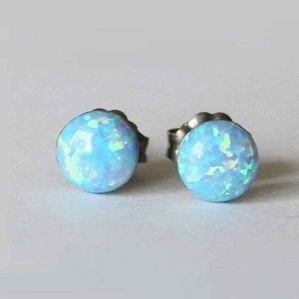 4mm, 5mm, 6mm Ice blue opal Stud earrings, Sky blue opal earrings, hypoallergenic pure Titanium post earrings, Light blue opal studs