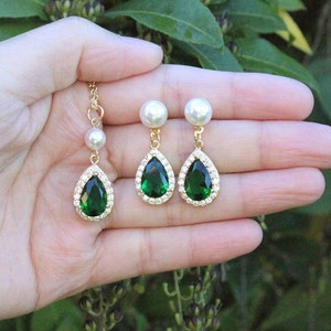 Emerald Bridal pearl earrings necklace set Emerald wedding jewelry set Bridal party gift Bridesmaid jewelry Green necklace bracelet XY1