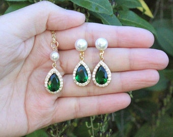 Conjunto de collar y pendientes de perlas de novia de esmeralda, conjunto de joyas de boda de esmeralda, regalo para fiesta nupcial, joyas para dama de honor, collar y pulsera verde XY1