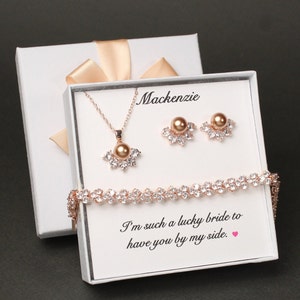 Rose gold pearl wedding jewelry set Gold necklace earrings bridesmaid gift Bridesmaids pearl jewelry Wedding earrings bracelet set