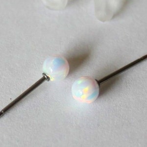 Dainty 3mm, 4mm, 5mm, or 6mm fire white opal stud earrings- Titanium or Niobium earrings- hypoallergenic- opal ball studs- Cartilage