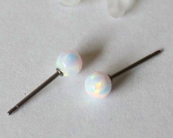 Dainty 3mm, 4mm, 5mm, or 6mm fire white opal stud earrings- Titanium or Niobium earrings- hypoallergenic- opal ball studs- Cartilage