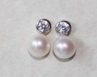 Fresh water pearl and CZ earrings, Sterling silver, Cubic Zirconia earrings, Bridesmaid earrings, Bridesmaid gifts, Bridal pearl earrings