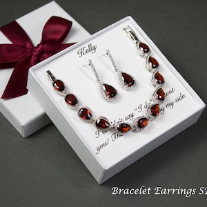 Burgundy Cubic Zirconia Bar post bridesmaid earrings Dark red bridesmaid bracelet earrings set Maroon Bridesmaid Necklace Custom bridal gift