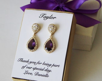 Deep purple bridesmaid earrings, Dark purple bridesmaid jewelry Cubic Zirconia earrings necklace set Bridesmaid gift, Purple custom gift box