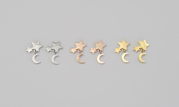 Star Moon earrings necklace, Double star earrings, Crescent moon necklace, Birthday  Bridesmaid gift, star moon Celestial XY1