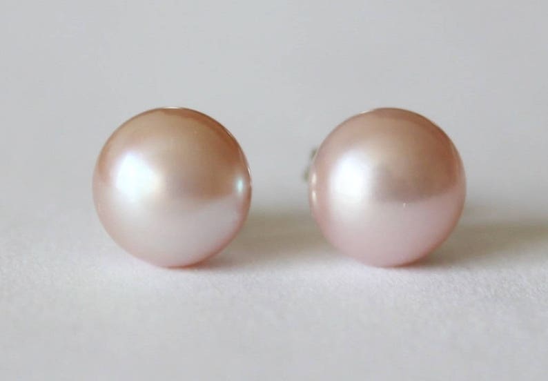 Real peach pink freshwater pearl stud earrings ear rings silver back gift boxed