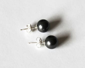 8mm Black Swarovski pearl stud earrings - Crystal black- Sterling Silver- Black pearl studs- bridesmaid earrings- Earring gifts- Black studs