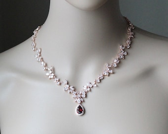 Collier de mariée bordeaux, boucles d'oreilles de mariage, collier, bracelet, ensemble de bijoux de mariée, ensemble de bijoux de mariée rouge foncé, boucles d'oreilles de mariée rouge grenat