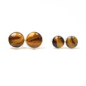 6mm or 8mm Natural Tigereye Gemstone studs, Sterling silver bezel studs, Round Tiger eye earrings, Golden brown stone stud earrings