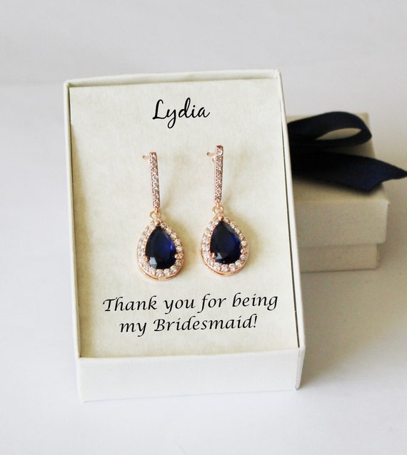 Navy bridesmaid earrings Deep blue bridesmaid gift Bridesmaid necklace earrings bracelet Zirconia bar post studs blue wedding earrings