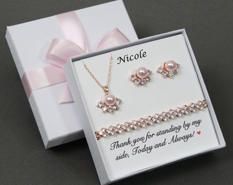 Personalized Pink bridesmaid jewelry Pink pearl bridesmaid gift Bridesmaid bracelet earrings necklace set Pink pearl bridal party gift sets