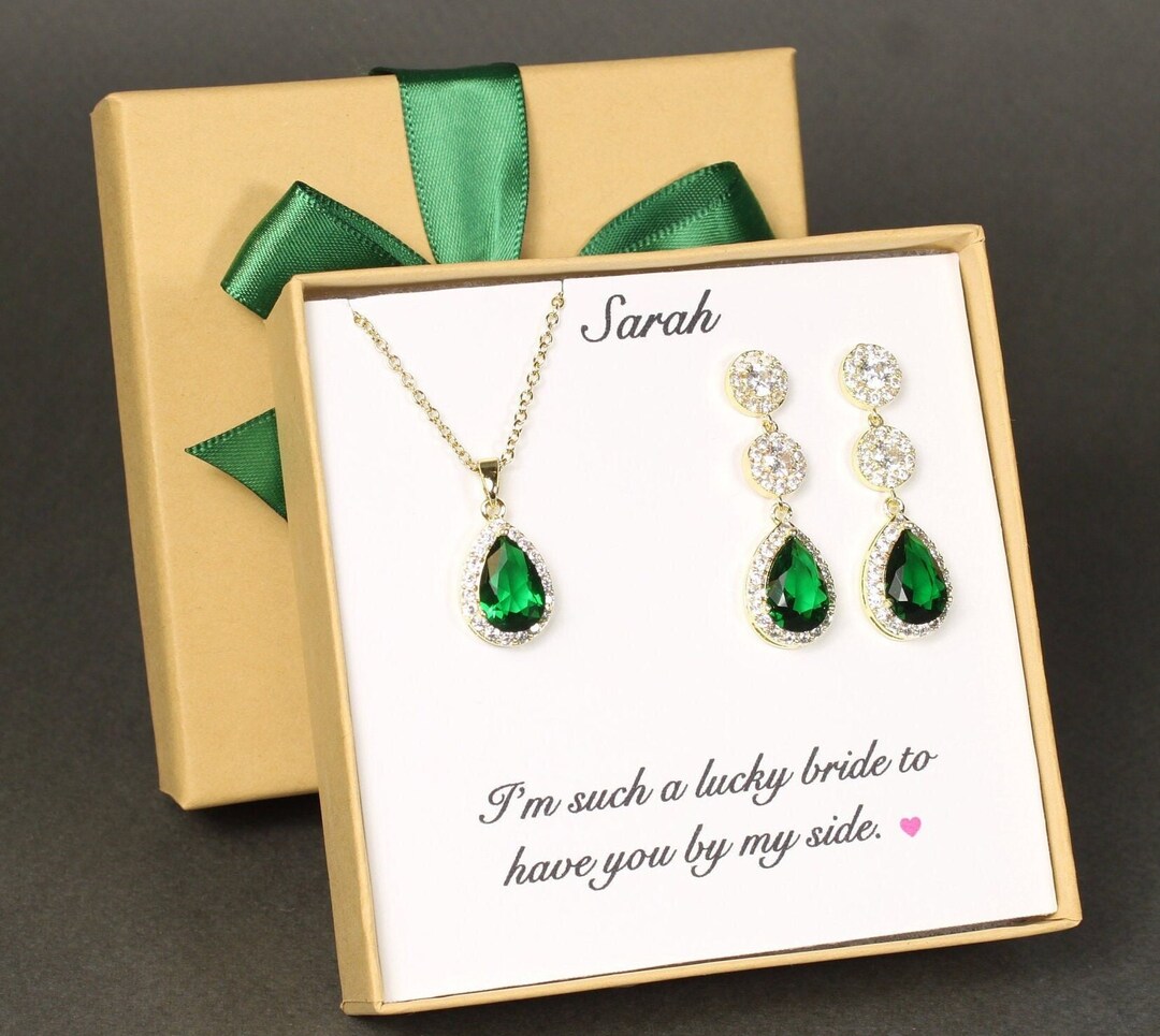 Emerald Bridal Jewelry Set Green Wedding Earrings Necklace Bracelet Set