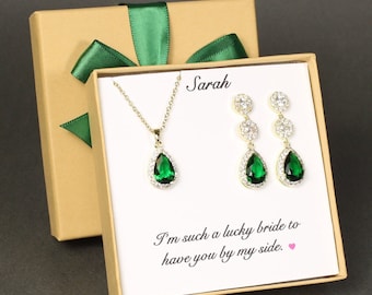 Emerald Bridal jewelry set Green wedding earrings necklace bracelet set Emerald green bridesmaid gifts Emerald green jewelry prom party gift