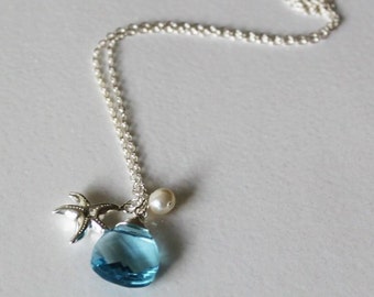 Aquamarine crystal necklace, Starfish necklace, Ocean mother daughter, Bridesmaid necklace, Light blue crystal necklace, Beach wedding