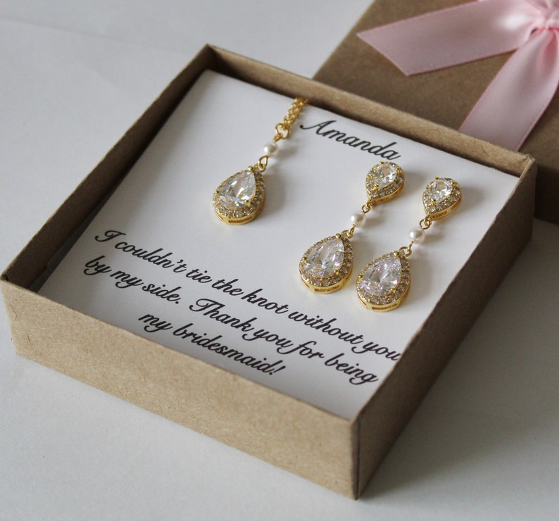 Bridal jewelry set Bridesmaid gift Bridesmaid earrings Rose gold Cubic Zirconia pearl earrings bracelet necklace set Bridal party gift