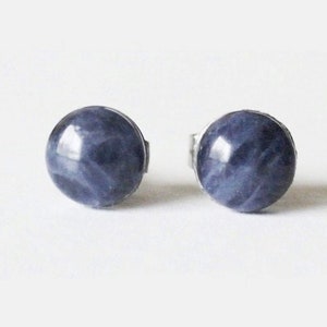 May include: A pair of silver stud earrings with a round, blue, marbled stone in each earring.