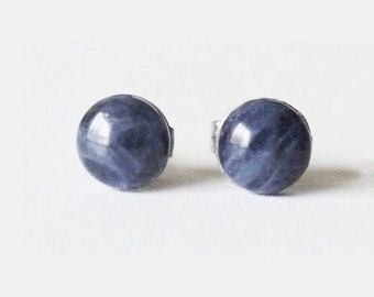 Natural Sodalite Titanium earring studs, Denim blue studs, Hypoallergenic, blue stone studs, Blue stone earrings Birthstone gift 5 6 8 10mm