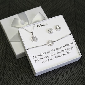 Bridesmaid gift set Round CZ bridesmaid earrings Bridal Earrings bridesmaid Bracelet Cubic Zirconia Earrings Custom engraved wedding gift