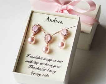 Blush opaalroze bruidsmeisje ketting oorbellen, traan zirkonia bruidsmeisje oorbellen, lichtroze parel cadeauset, roze huwelijkssieraden