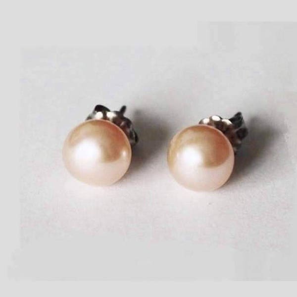 Titanium or Niobium Peach Pearl Stud Earrings, 6-7mm fresh water pearl earrings, Champagne studs, Hypoallergenic, Titanium earrings,