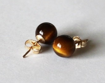 Natural Tiger Eye Stud Earrings- 14K Gold Filled Earrings- Brown Gemstone Studs- Golden Brown Stone Earrings- Tiger Eye studs-Gold Earrings