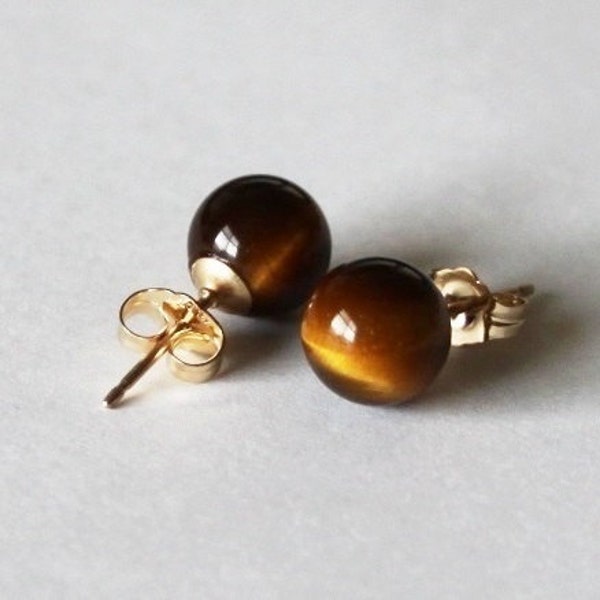 Natural Tiger eye stud earrings- 14K gold filled earrings- Brown gemstone studs- Golden brown stone earrings- Tiger eye studs-Gold earrings