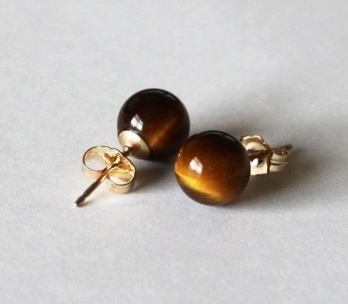 Boucles D'Oreilles Anciennes Œil-de-Tigre Cabochon Plaqué Or Rose - Occasion