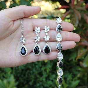 Custom black bridal jewelry earrings bracelet necklace bridesmaids gifts wedding jewelry set Black bridal jewelry set silver bridal XY1