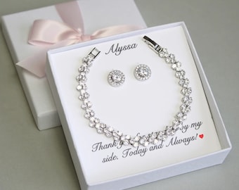 Regalo personalizado de dama de honor Pulsera de pendiente de circonita cúbica redonda de plata SET Collar de dama de honor Pendientes de dama de honor Joyería de boda personalizada