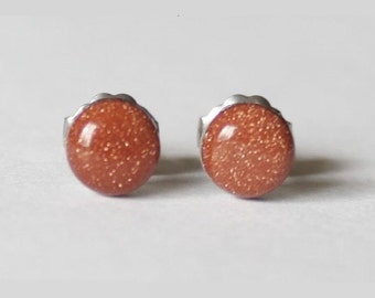4mm, 6mm, 10mm Sparkly Goldstone stud earrings, Titanium earrings Hypoallergenic brown stone post studs, sensitive ears, gold stone earrings