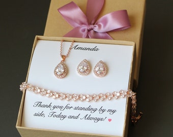 Personalized bridesmaid gift Rose gold tear drop necklace earring SET Bridesmaids CZ earrings Bridal party gifts Monogram necklace Pear CZ