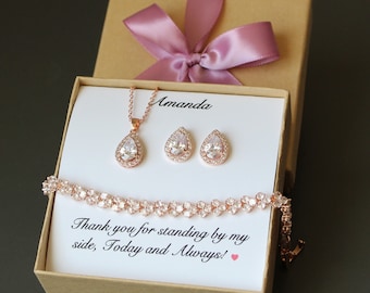 Personalized bridesmaid gift Rose gold tear drop necklace earring SET Bridesmaids CZ earrings Bridal party gifts Monogram necklace Pear CZ