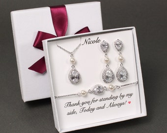 Set di gioielli da sposa in cristallo e perle Set di orecchini, collana e bracciale da sposa Set di gioielli da sposa Gioielli da regalo per damigelle d'onore Damigella d'onore Madri