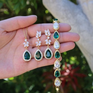 Custom Teal bridal crystal drop earrings necklace bracelet set wedding jewelry Bridesmaids gift Bridal jewelry Dark blue  green bridal set