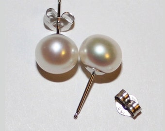 14K massief witgouden parelstekers, 8,5 mm echte pareloorbellen, 14K witgouden pareloorbellen, bruids, Kerstmis, verjaardag, Valentijn