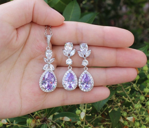 Lavender Bridal Necklace Earrings Set Wedding Jewelry Set Light