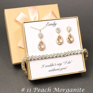 Bridesmaid earrings Peach Morganite tear drop crystal earrings Champagne wedding jewelry Gold earrings necklace bracelet set Bridesmaid gift