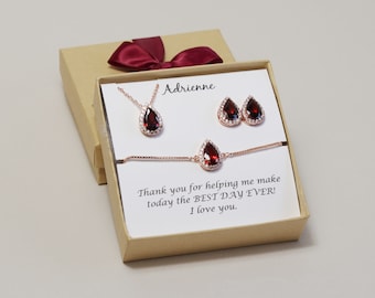 Bourgondische bruiloft sieraden set, granaat bruidsmeisje armband oorbellen ketting bruidsmeisjes oorbellen donkerrode bruidsmeisjes cadeau bruiloft XY1